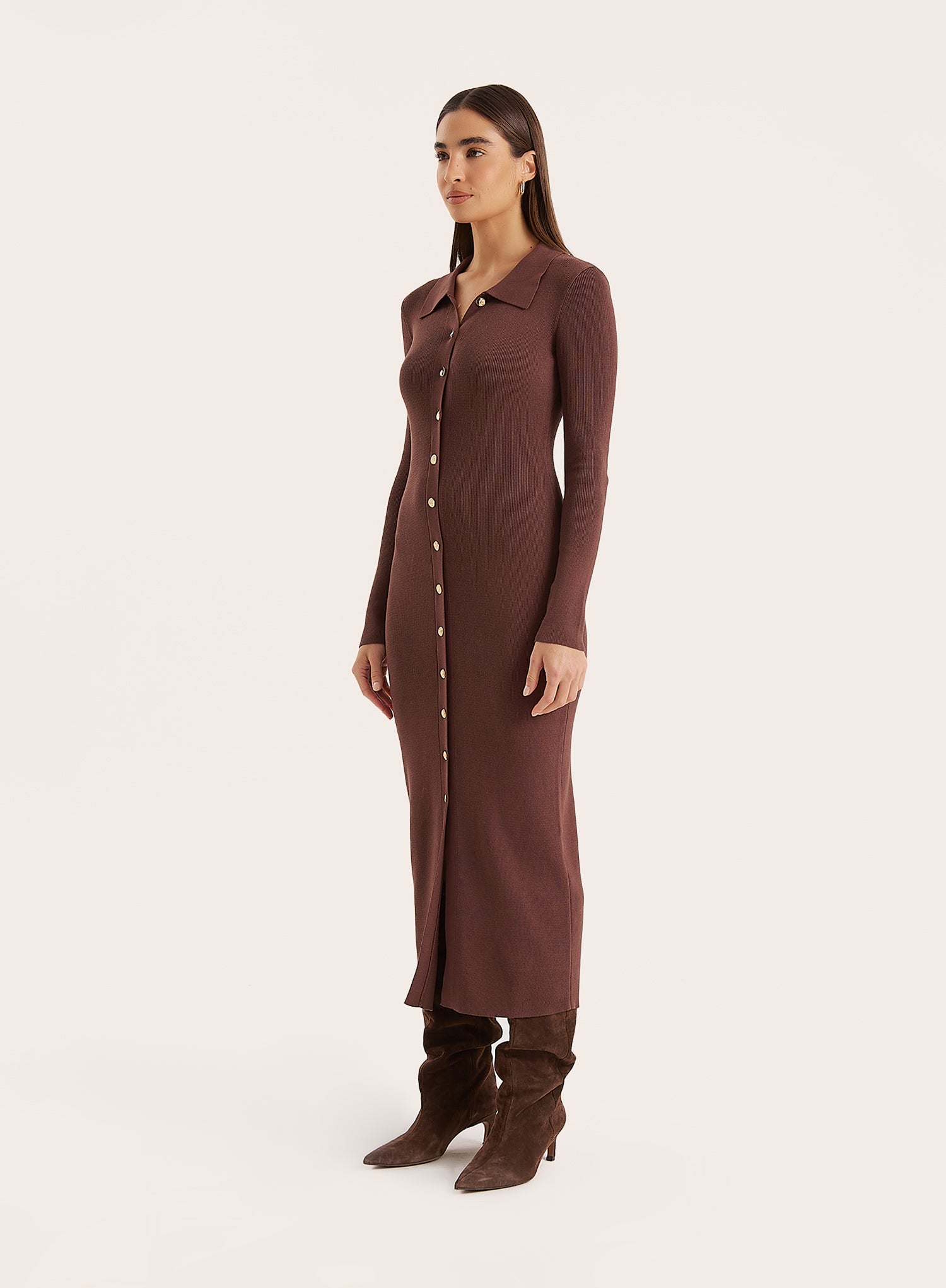 Chocolate Collared Button Down Knitted Dress